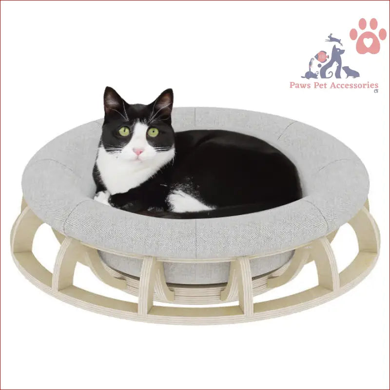 Black and white cat lounging in a cozy Timber Gyro Cat Nest Bed with a soft base