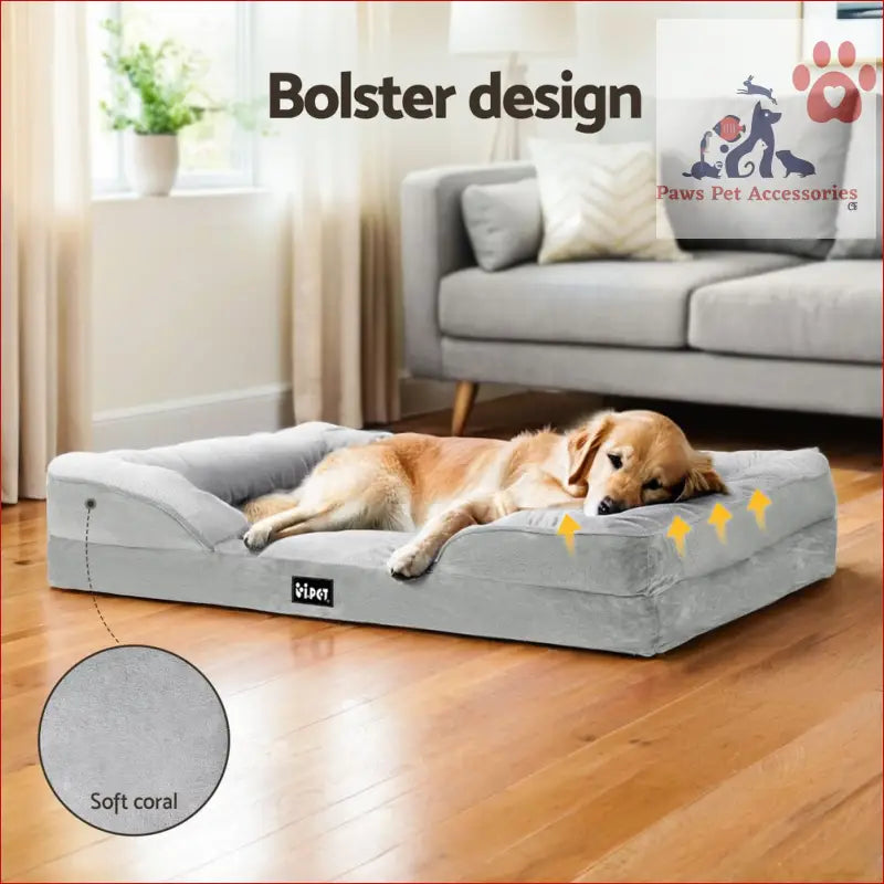 Gray orthopedic pet bed dog with raised bolsters and calming soft cushion egg crate design