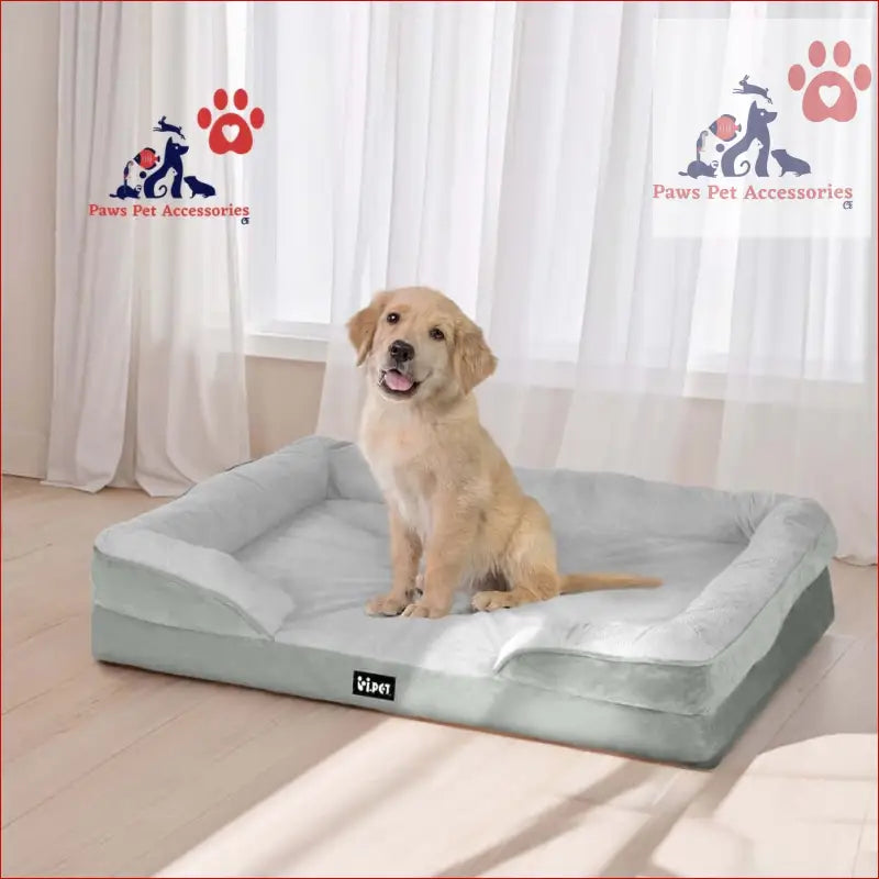 Yellow Labrador puppy enjoying the i.Pet Pet Bed Dog calming soft cushion on gray bed