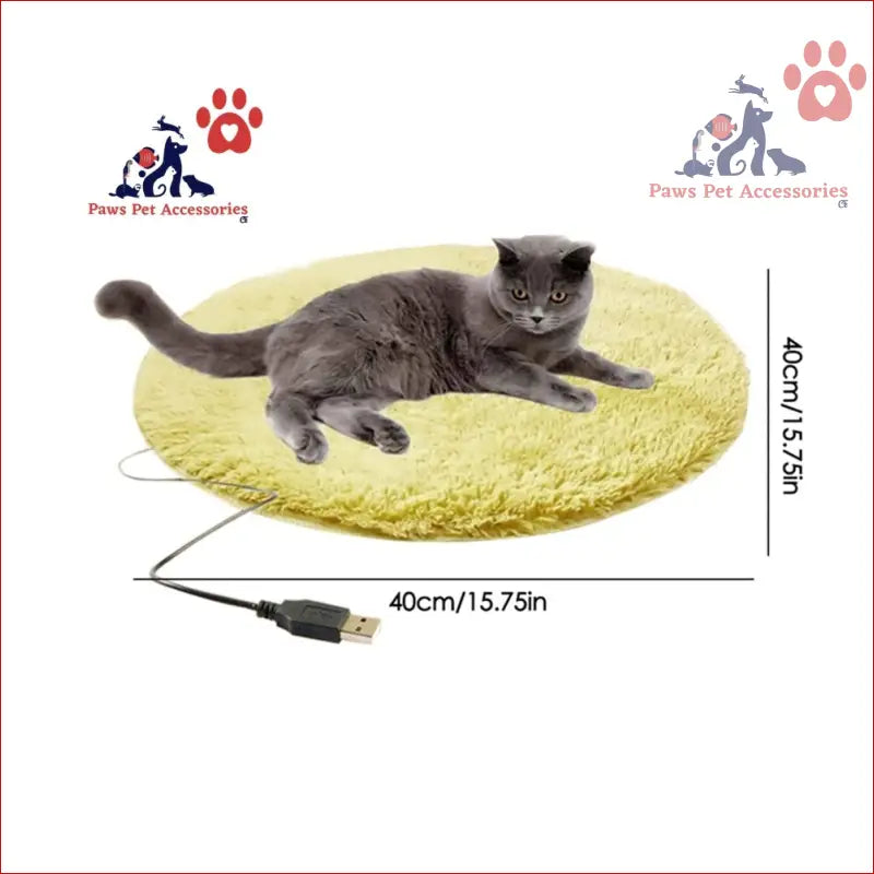 Round yellow heated pet bed with USB connection, perfect energy saving pet carpet