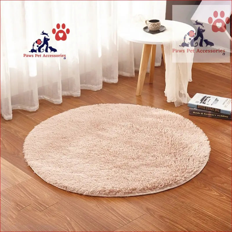 Cozy circular beige shag rug on hardwood flooring for a heated pet bed vibe