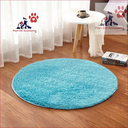 Round turquoise shag rug with plush fibers for USB electrical heated pet bed energy saving pet