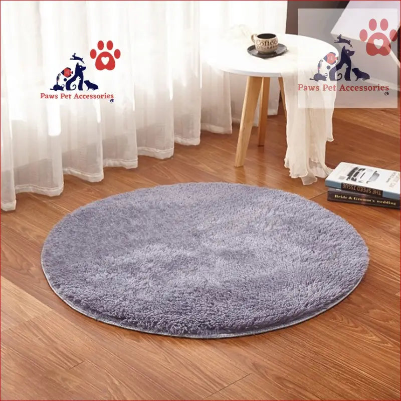 Round grey plush area rug for a cozy heated pet bed and energy saving pet comfort