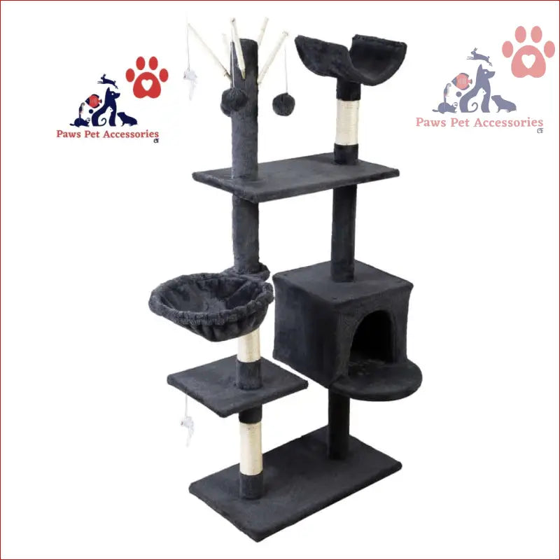 Multi-level cat tree 140cm with scratching posts, platforms, and cubby house in gray