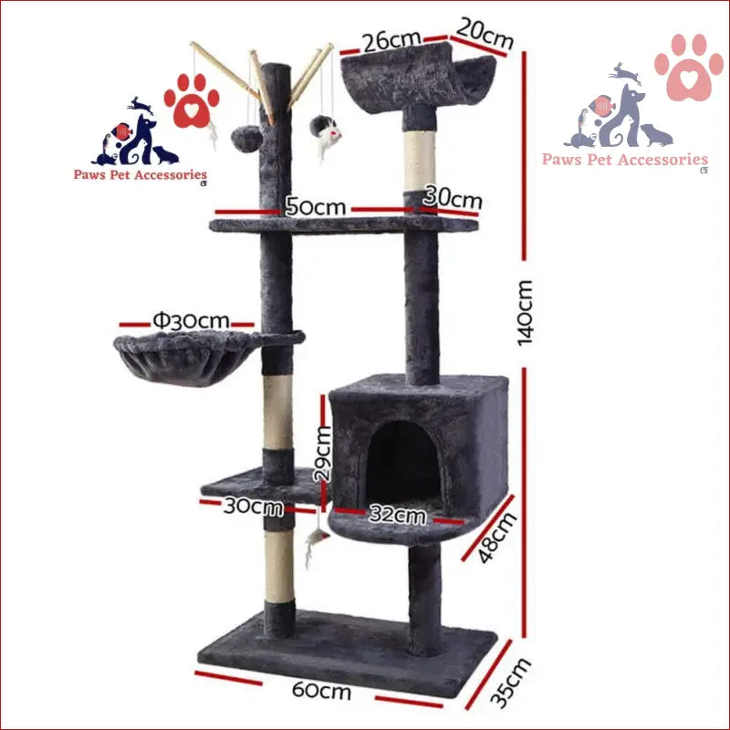 Multi-level cat tree 140cm with scratching posts, platforms, and cozy cubby house