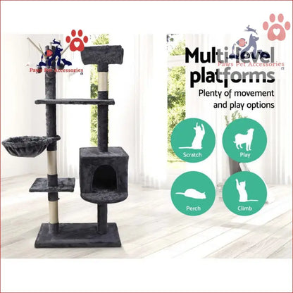 Multi-level Cat Tree 140cm with platforms, scratching posts, and a cozy cubby