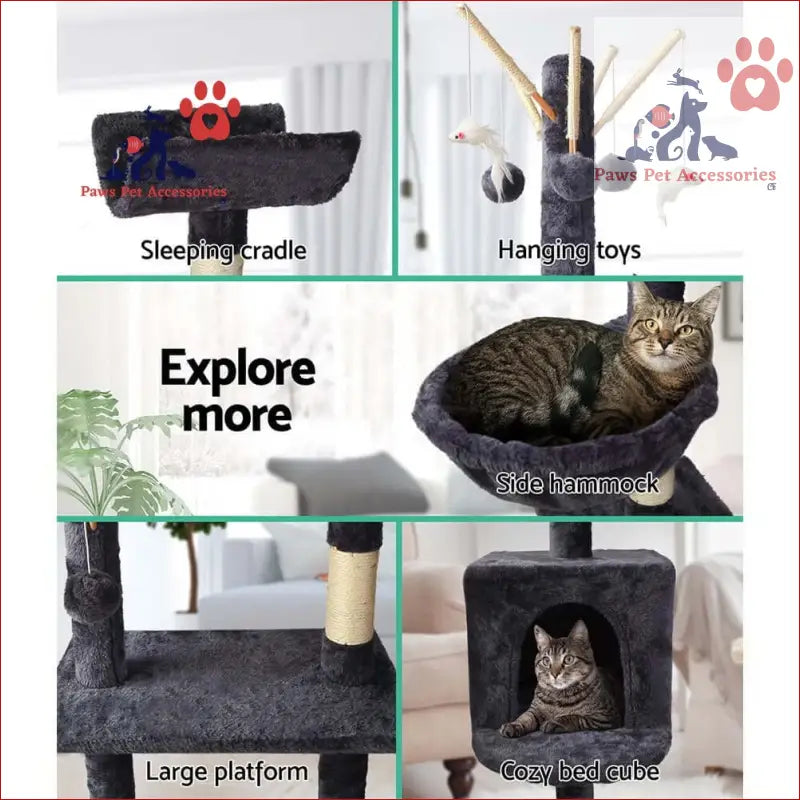 Multi-level i.Pet Cat Tree 140cm with platforms, hammock, and toys for feline fun