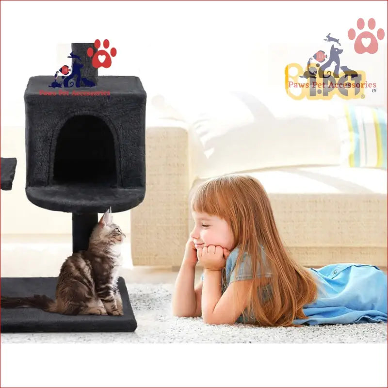 Black cat tree 140cm with arched entrance and red paw print on tower scratching post