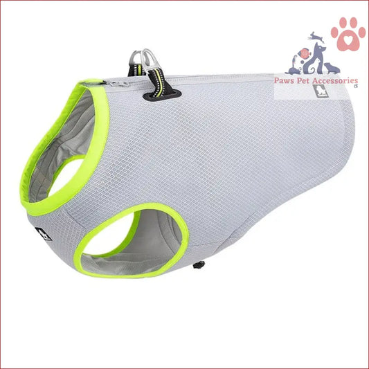 Grey dog cooling vest with neon yellow trim for hot summer days