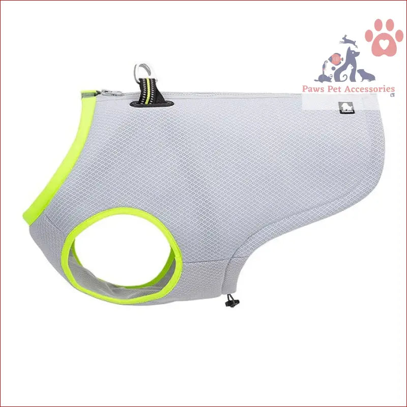 Grey dog cooling vest with neon yellow trim for summer fun and outdoor adventures