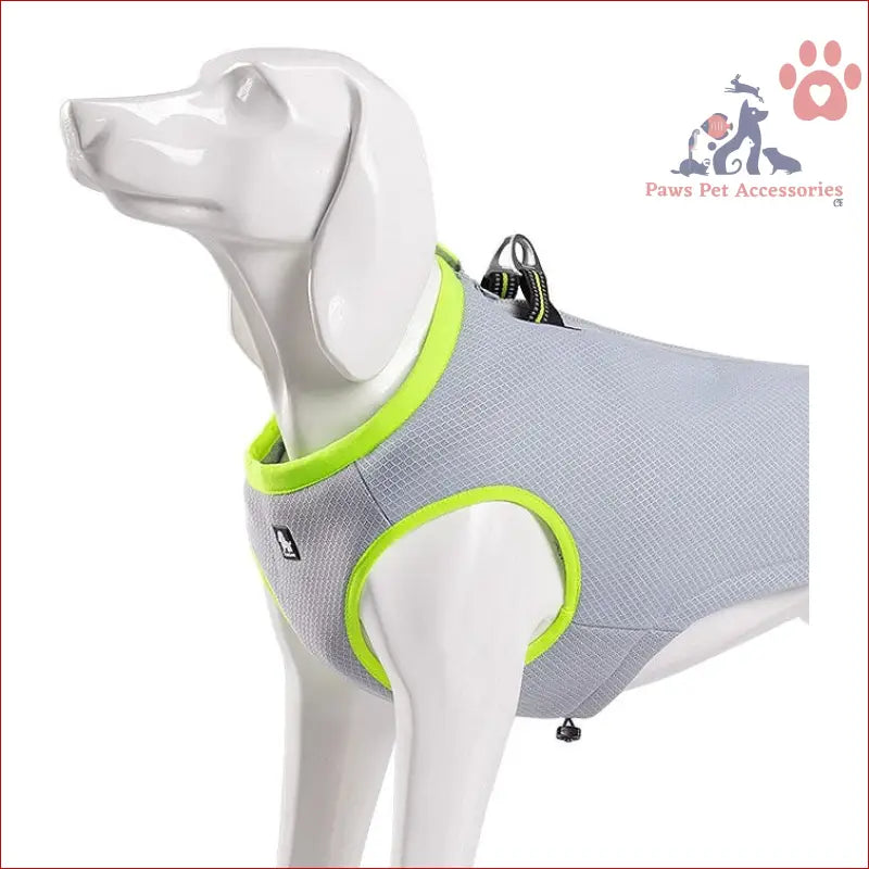 Grey dog cooling vest with neon yellow trim for hot summer days