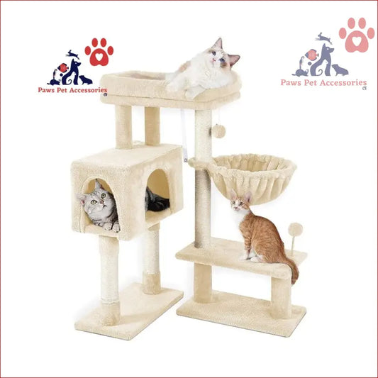 Three cats lounging on the Floofi 97cm Adjustable Base Plush Cat Tree in beige