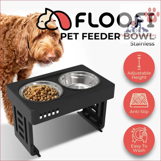 Elevated black stainless steel Floofi Elevated Pet Feeder with adjustable height and double bowls