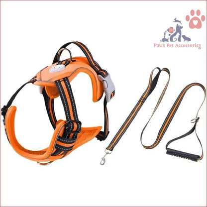 Orange and black reflective Floofi dog harness vest with matching leash for large dogs