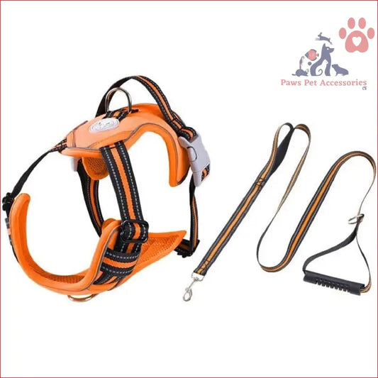 Orange and black reflective Floofi dog harness vest with matching leash for large dogs