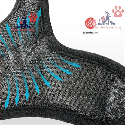 Close-up of a dark gray mesh athletic bra with blue patterns for the FLOOFI Dog Harness