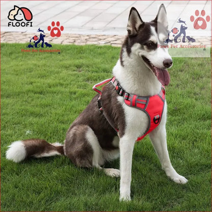 Husky in a red Floofi Dog Harness sitting on grass, showcasing the dog harness vest