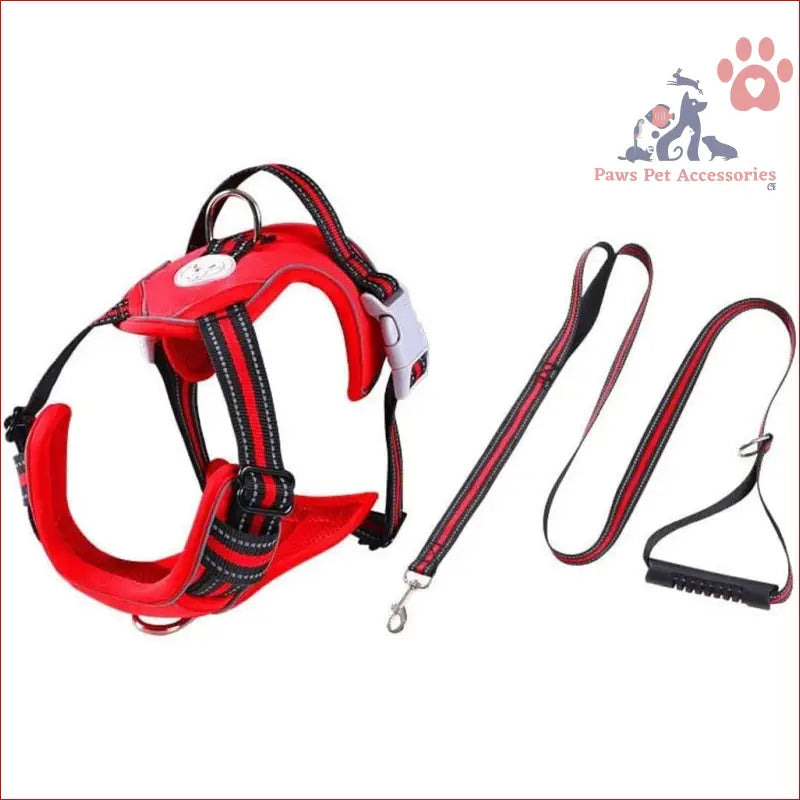 Red FLOOFI Dog Harness Vest XL with matching leash and handle for stylish pups