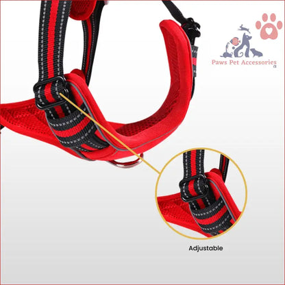 Red FLOOFI Dog Harness Vest with black trim and adjustable straps for XL dogs