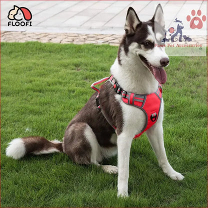 Husky in a red FLOOFI Dog Harness sitting on grass, ready for outdoor fun