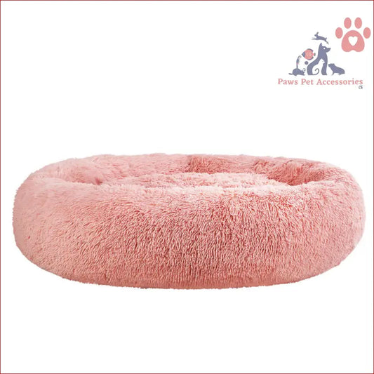 Fluffy pink donut-shaped pet bed dog cat 110cm calming extra large plush material