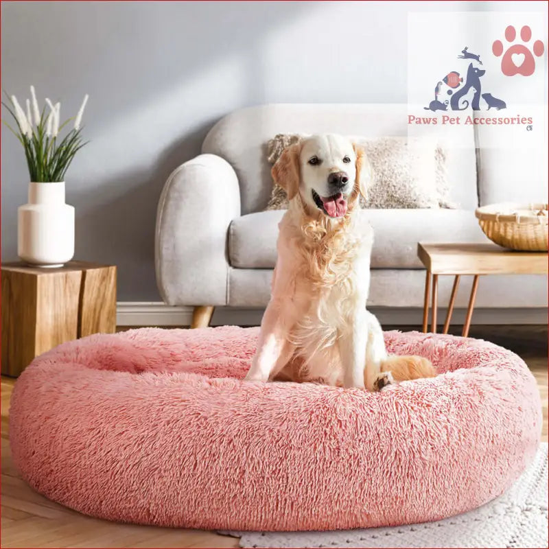 Happy Golden Retriever on a Pink Fluffy Calming Extra Large Pet Bed Dog Cat 110cm