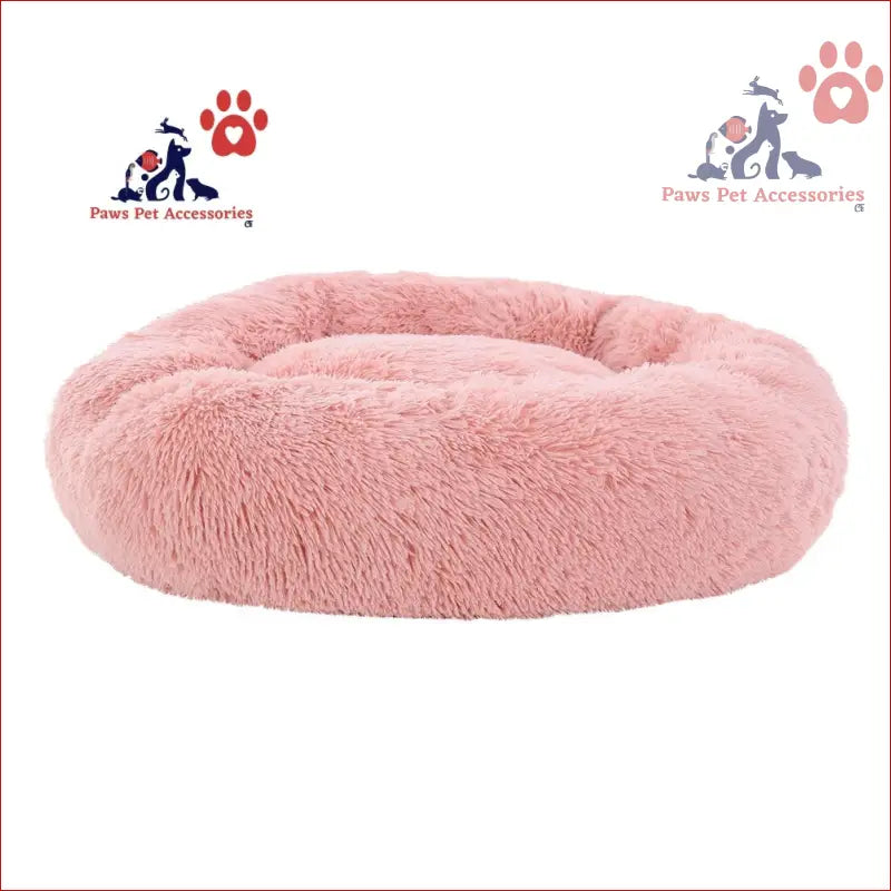 Fluffy pink donut-shaped pet bed dog cat 90cm large calming soft plush comfort