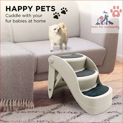 Furtastic 38cm Foldable Pet Stairs Ramp with three carpeted steps in white and gray