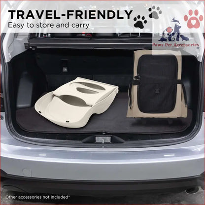 Foldable white pet carrier next to Furtastic 38cm foldable pet stairs ramp for easy travel