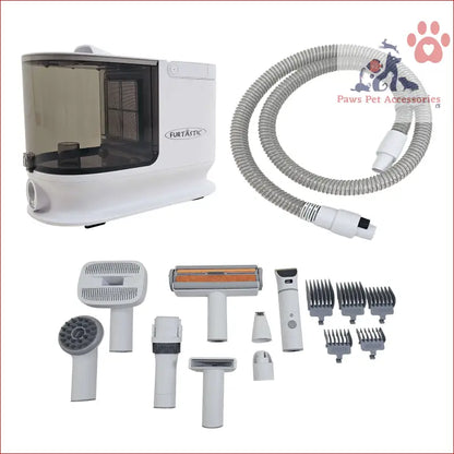 White and black ultrasonic jewelry cleaner with attachments for Furtastic Pet Vacuum kit