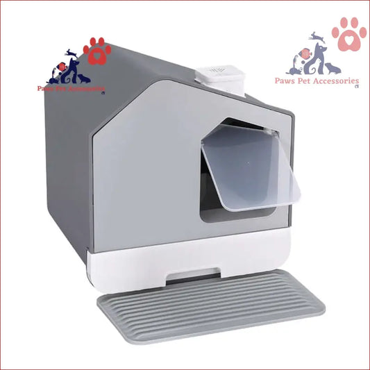 Gray Fully Enclosed Litter Box with Ribbed Mat for Easy Cleanup in a Large Tray Kitty Toilet