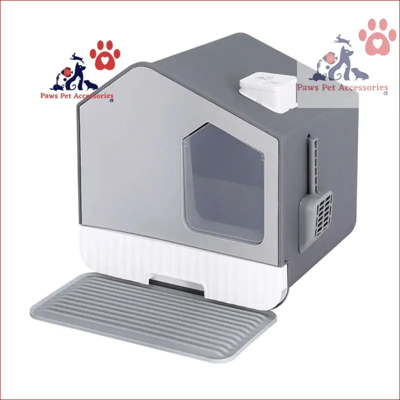 Gray fully enclosed cat litter box with front ramp for easy access and large tray design