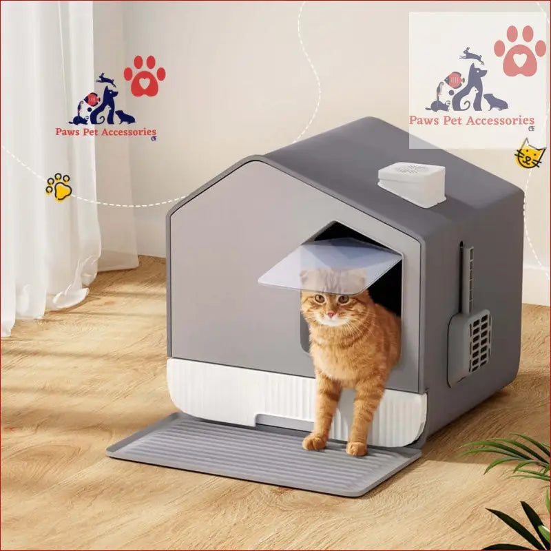 Modern gray and white cat litter box, a fully enclosed litter box for your kitty