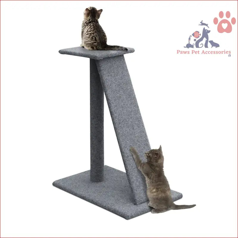 Grey carpeted Cat Tree 82cm with scratching ramp and elevated platform for cats