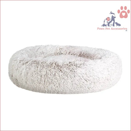 Fluffy round light gray faux fur pet bed dog for large calming soft comfort