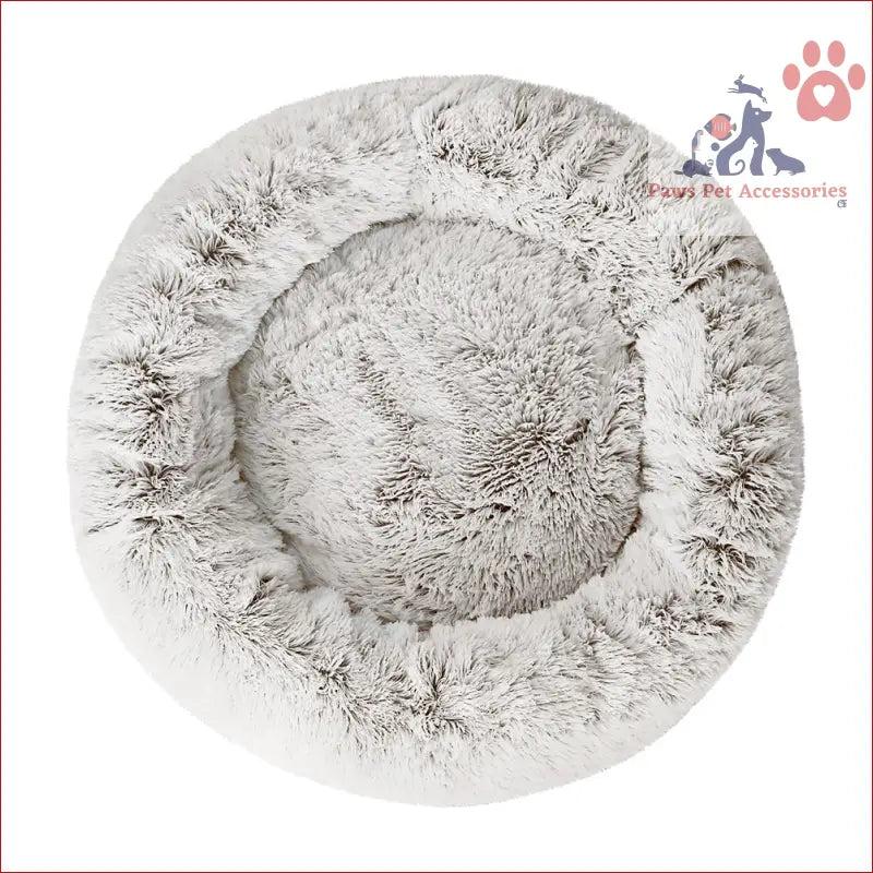 Circular fluffy pet bed dog with raised edges, soft plush white for large calming comfort