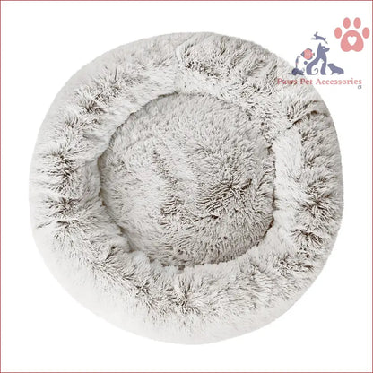 Circular fluffy pet bed dog with raised edges, soft plush white for large calming comfort