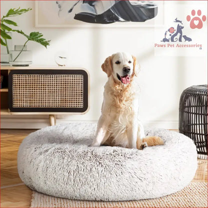 Happy Golden Retriever lounging on a large calming soft plush white pet bed dog