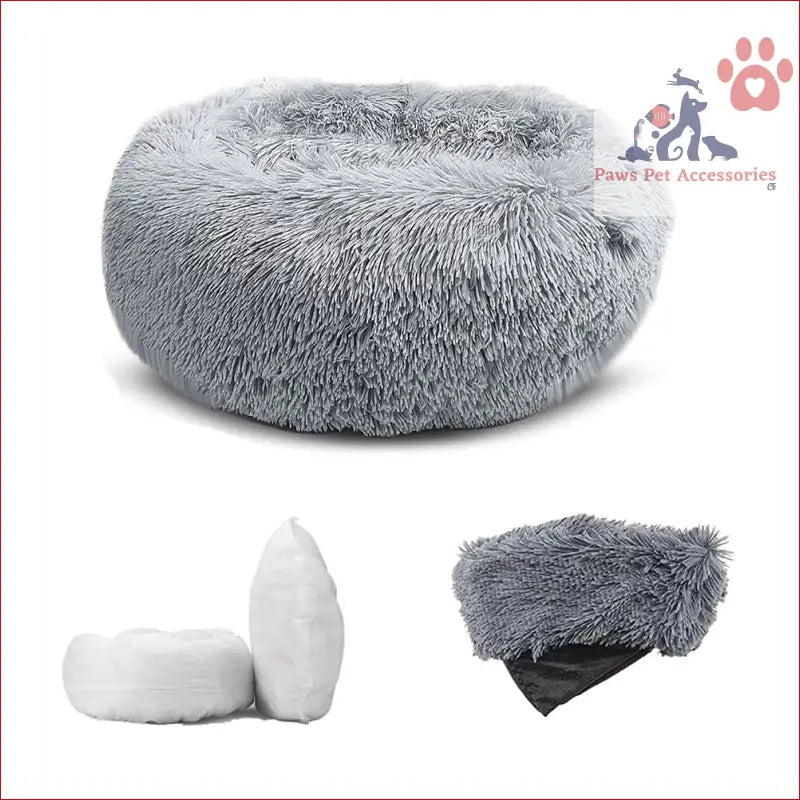 Fluffy, machine washable calming donut pet bed in plush gray fur for cats and dogs