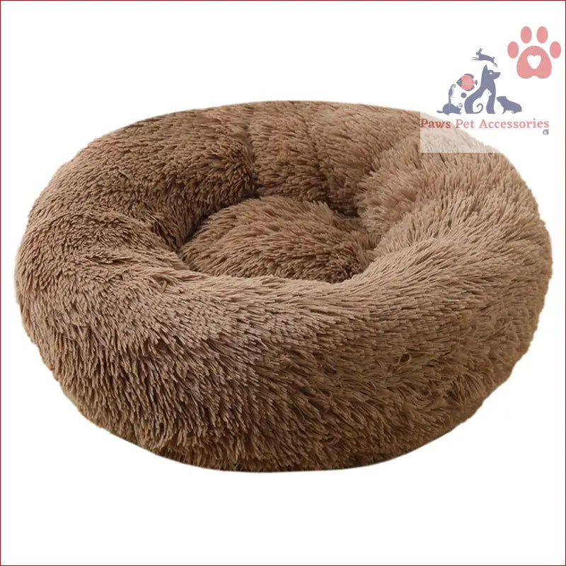 Plush brown machine washable calming donut cat and dog pet bed in faux fur material