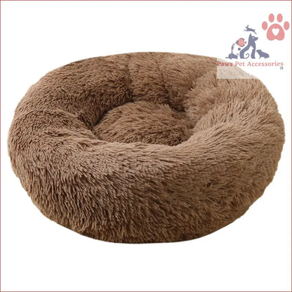 Plush brown machine washable calming donut cat and dog pet bed in faux fur material