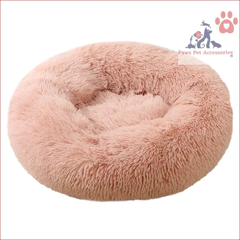 Fluffy pink plush machine washable calming donut cat and dog pet bed for cozy naps