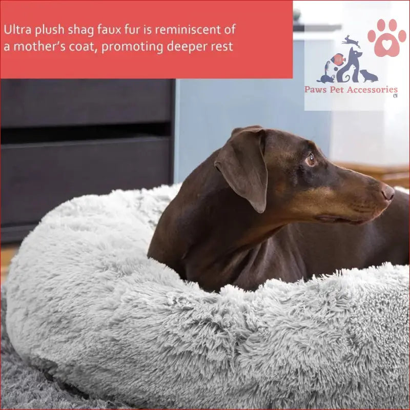 Doberman relaxing on a plush gray washable calming donut pet bed for dogs and cats