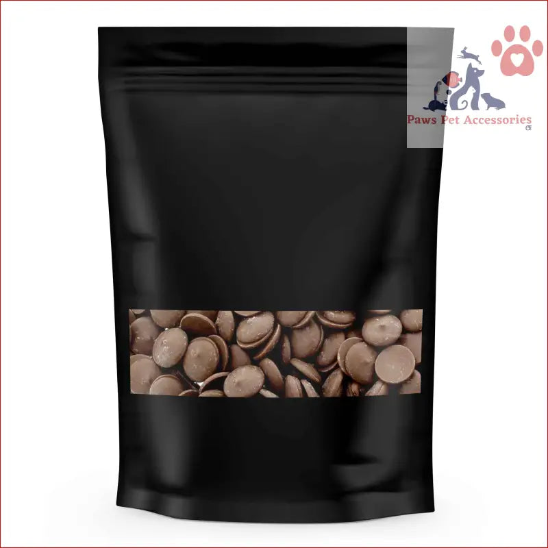 Black resealable pouch with Carob Drops, perfect for Australian Puppy Button Melts