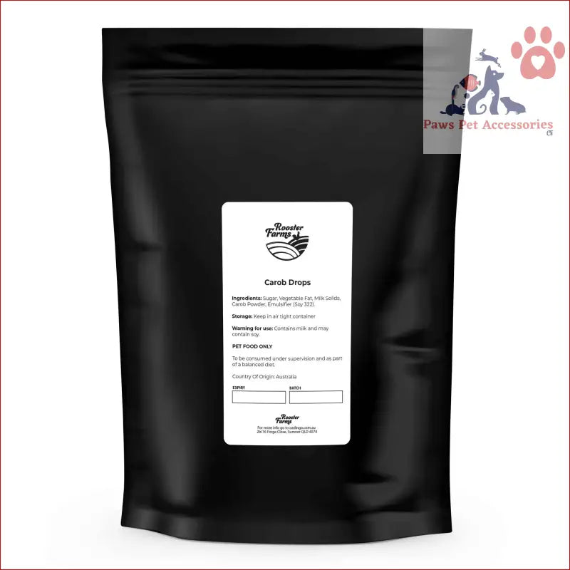 Black coffee bag with white label for 100g Dog Treat Carob Drops, Australian Puppy Button Melts