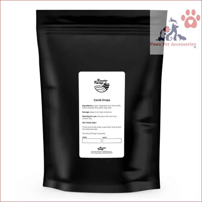 Black coffee bag with white label for 100g Dog Treat Carob Drops, Australian Puppy Button Melts