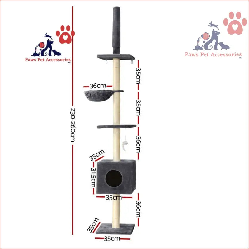 Multi-level Cat Tree 260cm with Scratching Posts and Cubby House in Dark Grey