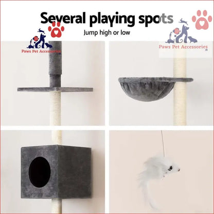 Cat climbing the i.Pet Cat Tree 260cm tower scratching post with fun play areas