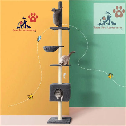 Multi-level cat tree 260cm with platforms, scratching post, and cubby holes for cats