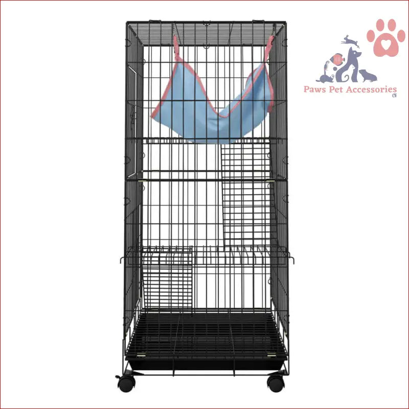 Black metal pet rabbit cage 100cm with wheels and blue hammock for indoor guinea pig